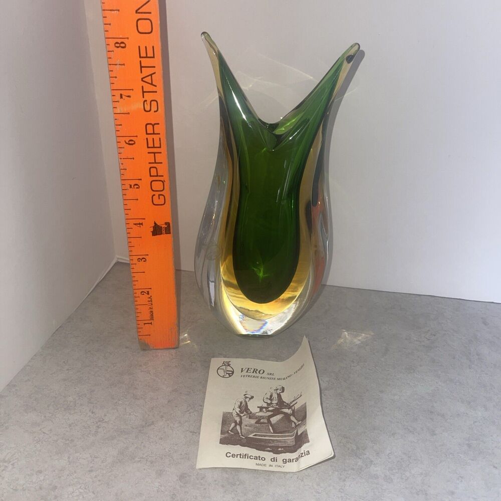 Vtg Murano Art Glass Sommerso Vase Fish Tail Italy 8” Green Vero SRL Cert 2 lb